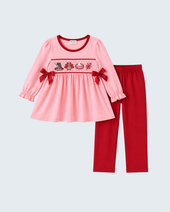 Pink turkey-embroidered bow top with long sleeves and red pants set