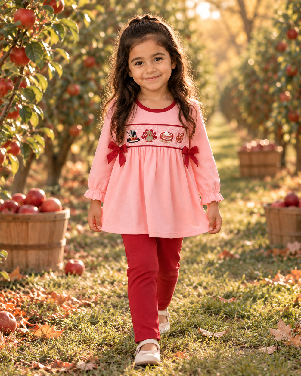 Child wearing pink turkey-embroidered bow tunic top with red pants