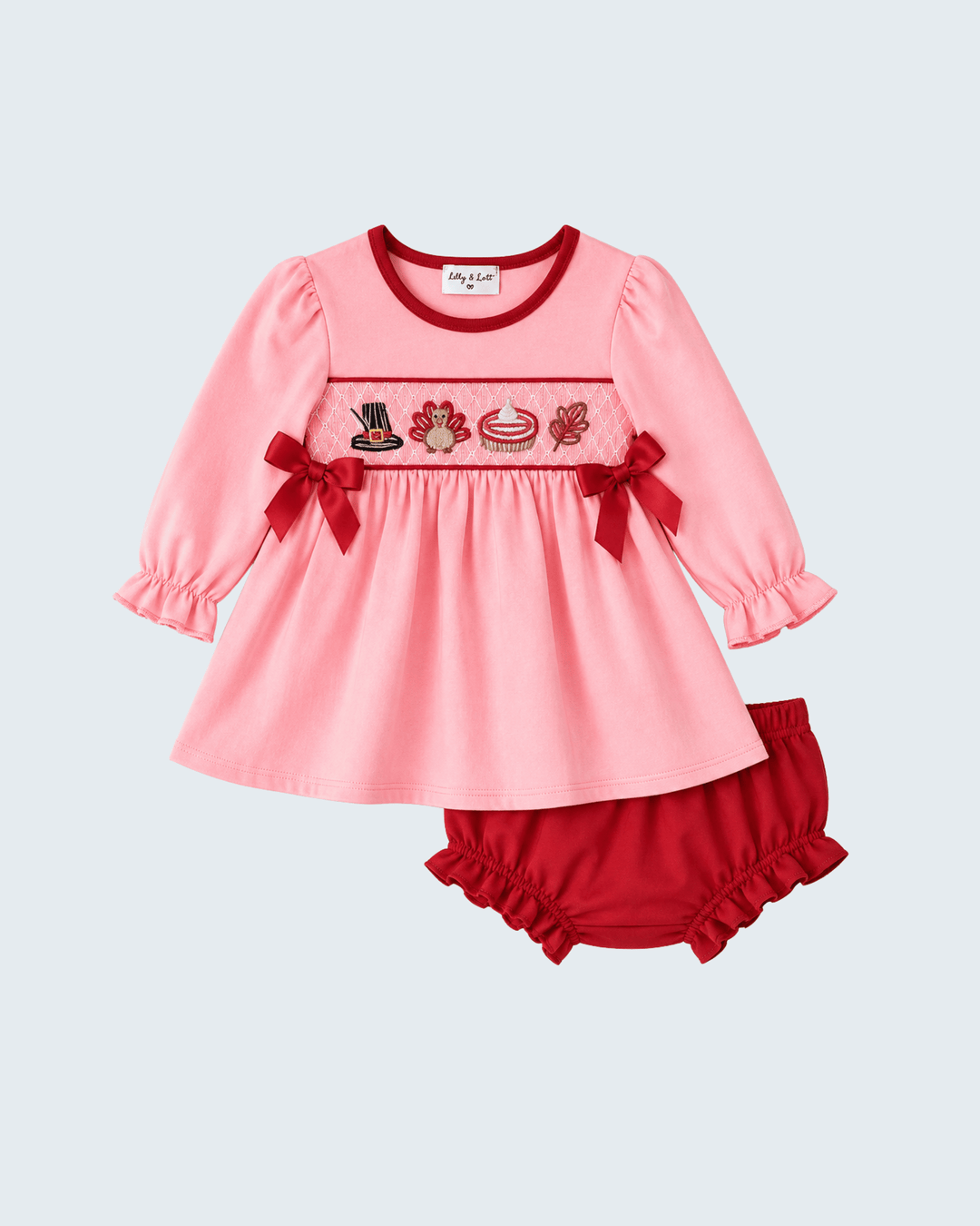 Pink smocked bow bloomer set, long-sleeve top with turkey graphic and matching red bloomers