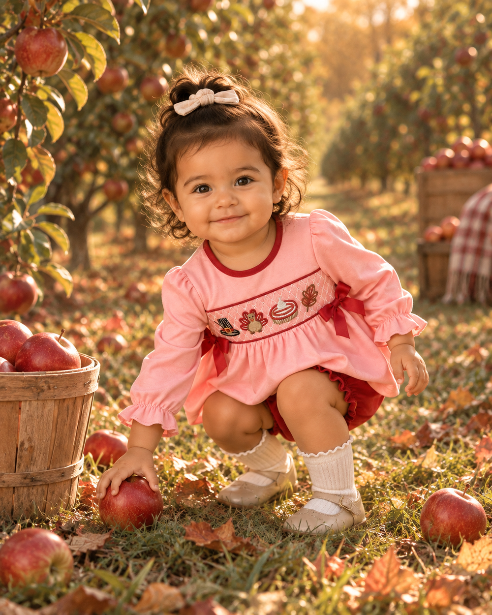 Toddler in pink smocked bow top with turkey print and matching red bloomers, long sleeves