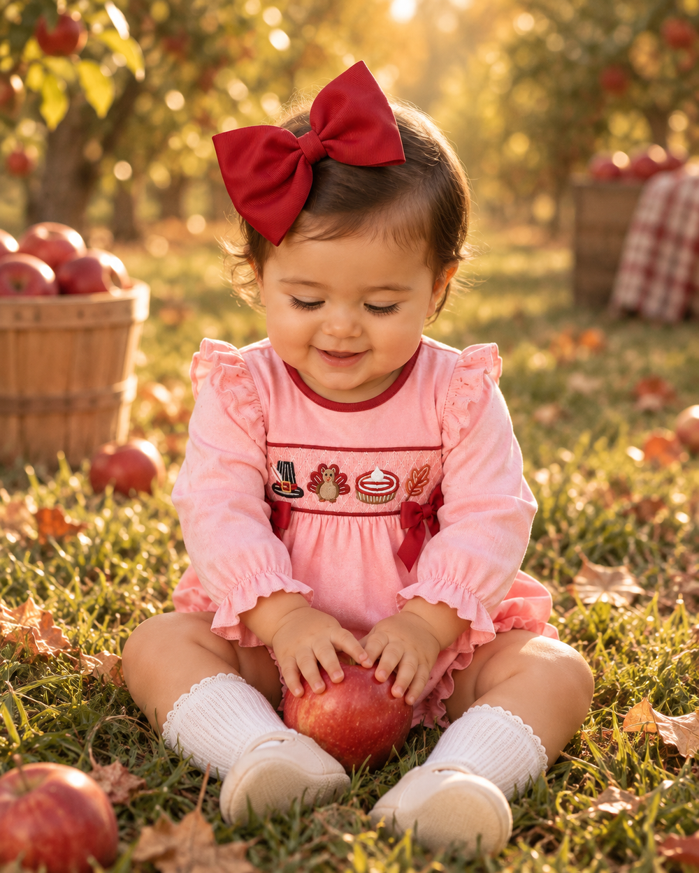 Pink bubble romper with long ruffled sleeves and embroidered turkey chest bows