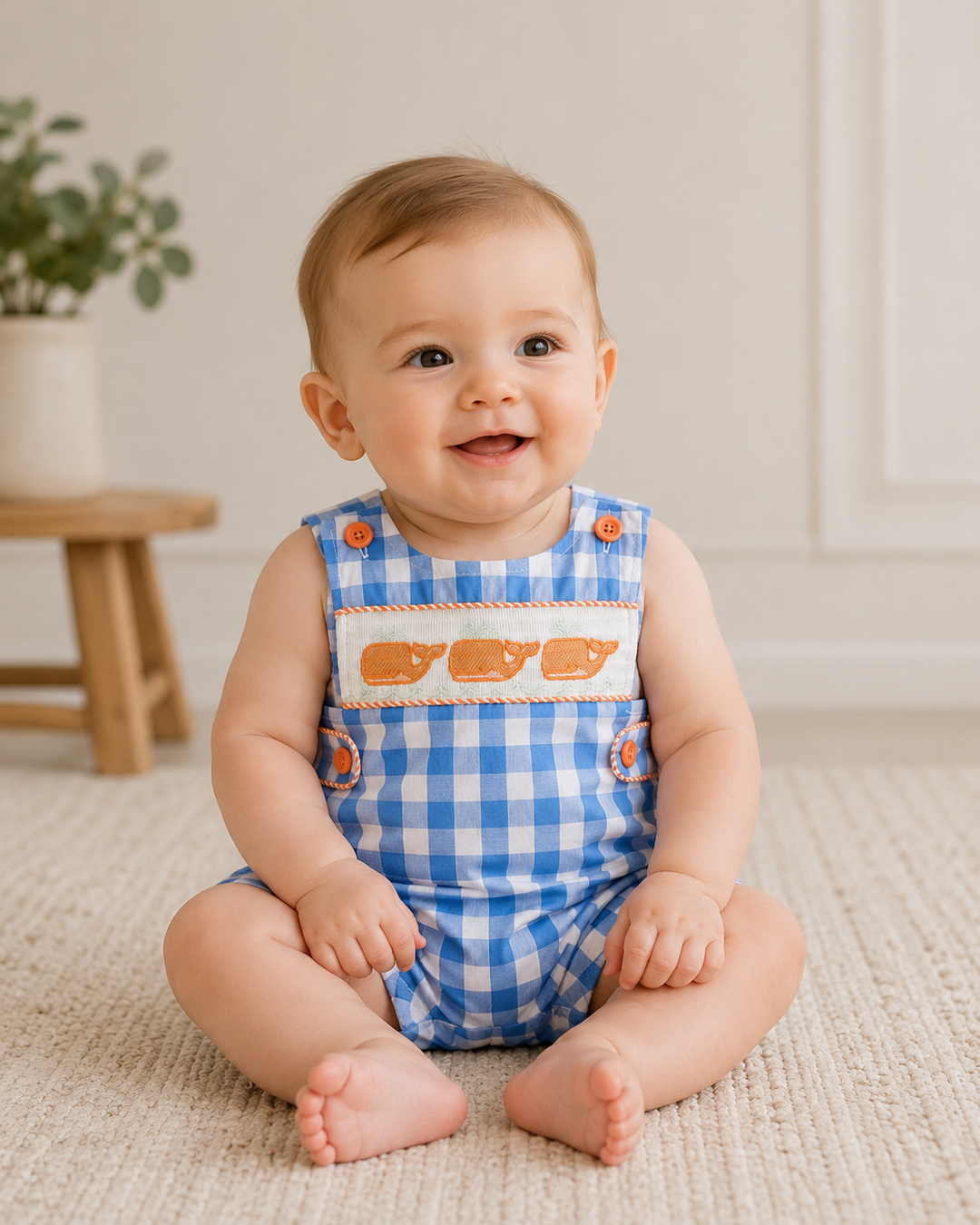 Infant boy in plaid whale embroidered jon jon&