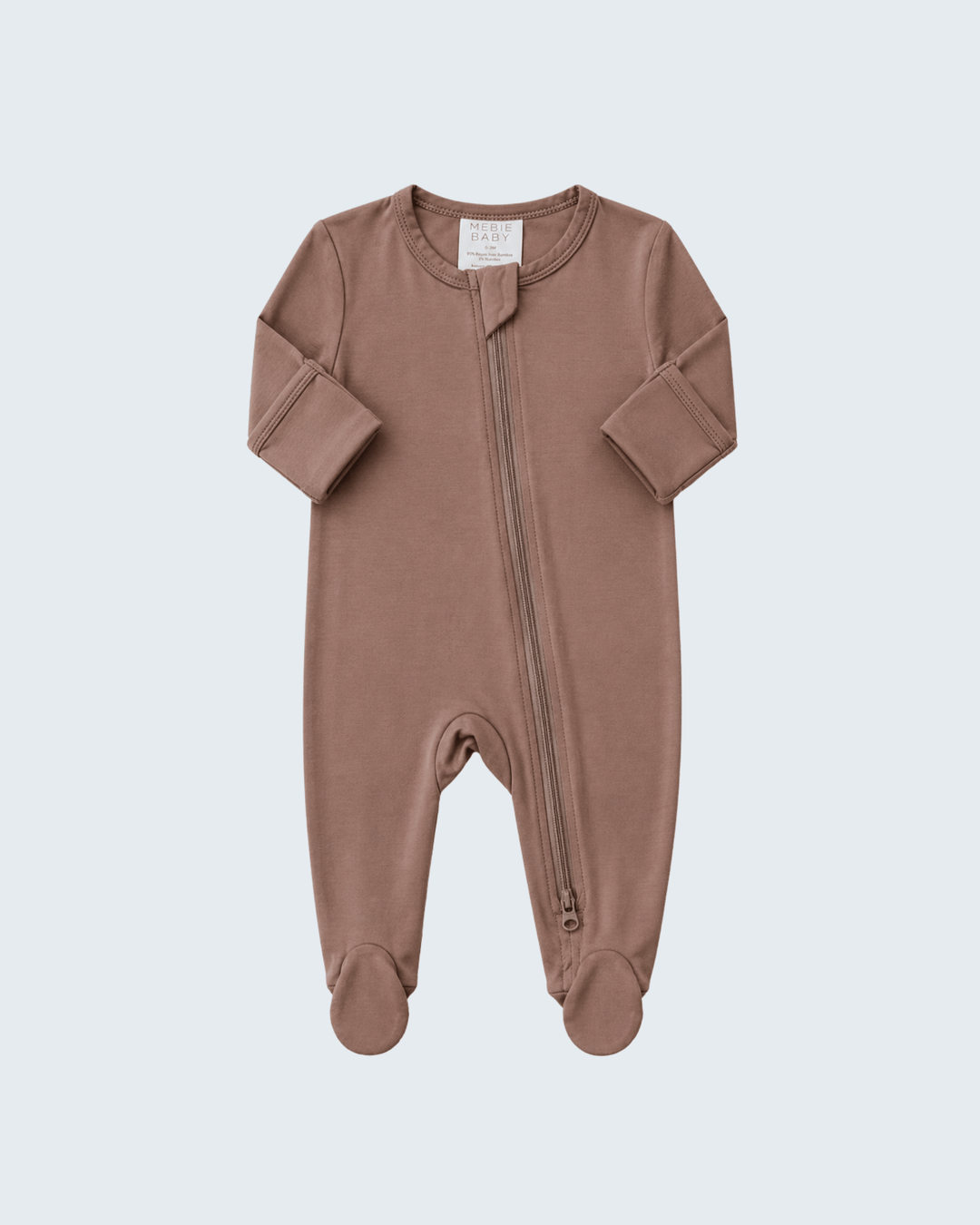 Bamboo footed zipper romper in mauve-brown, long sleeves and covered feet.