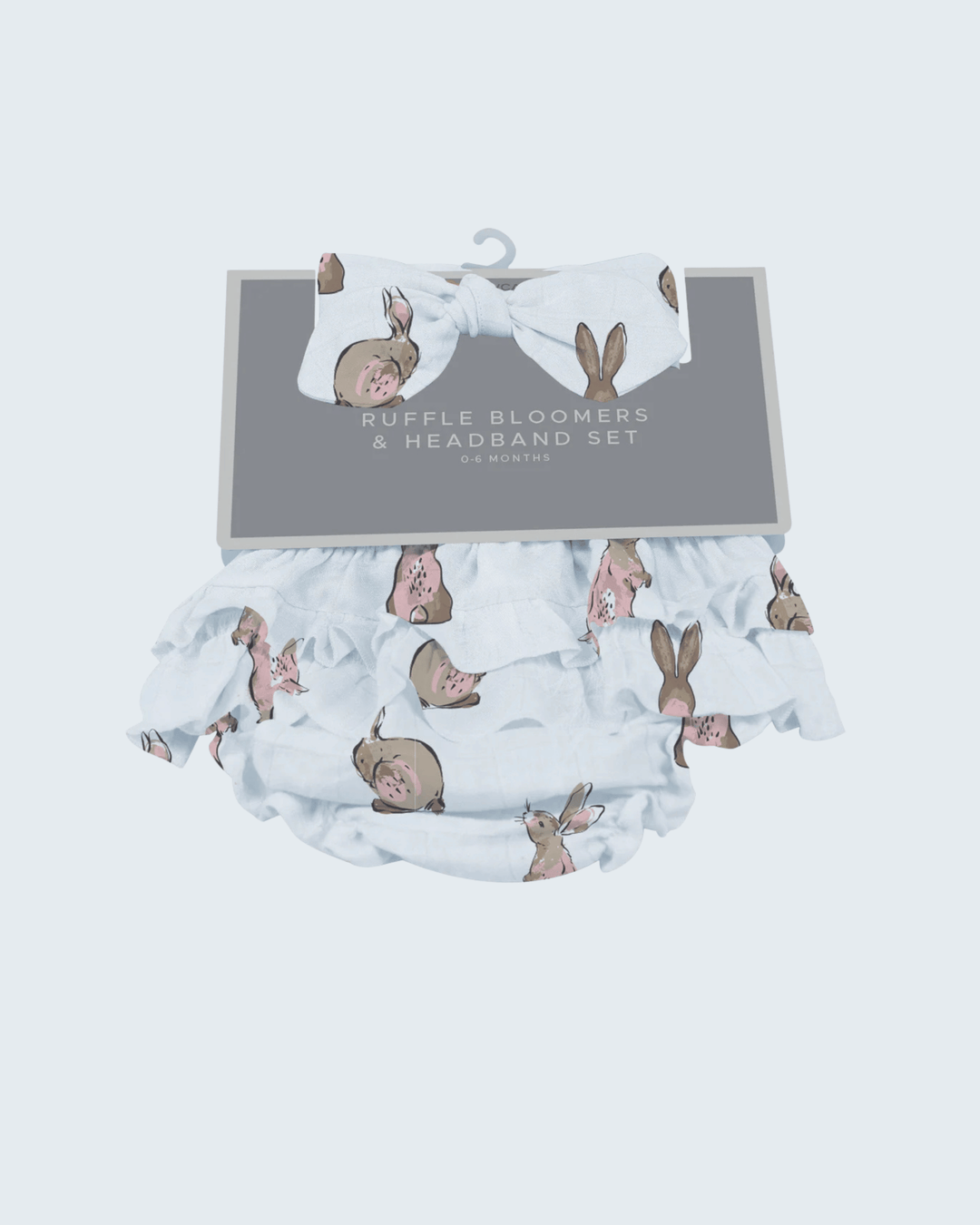 Powder pink bunny-print ruffle bloomers and matching headband set