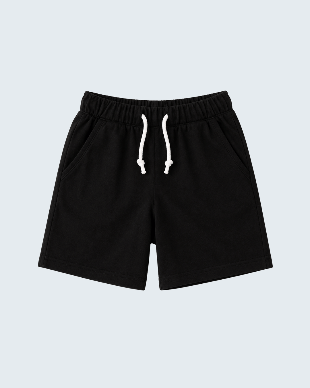 Black drawstring shorts with elastic waistband and white drawstrings
