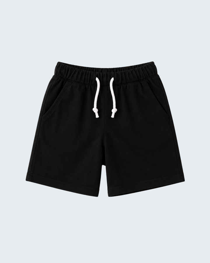 Black drawstring shorts with elastic waistband and white drawstrings