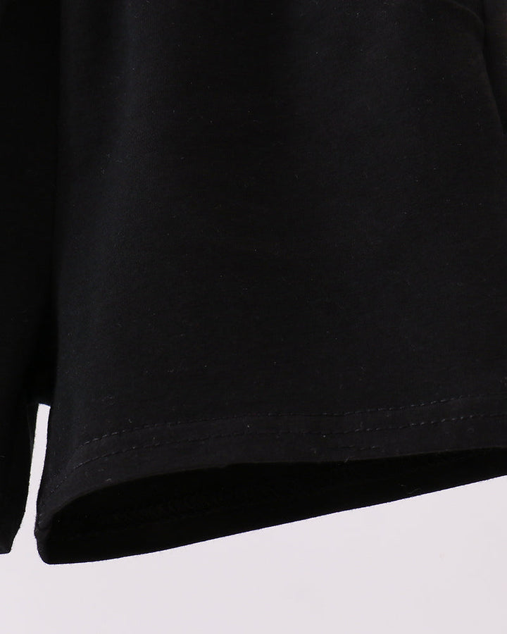Black shorts with stitched hem and visible inner seam.