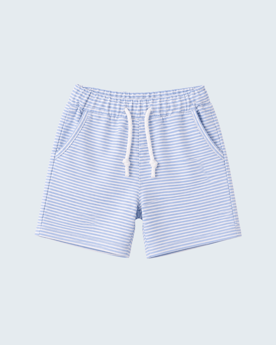 Blue and white striped drawstring shorts with elastic waist