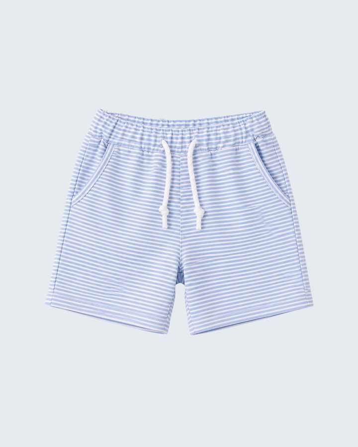 Blue and white striped drawstring shorts with elastic waist