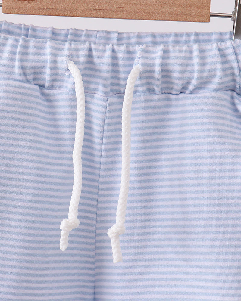Blue-and-white striped drawstring shorts with elastic waist and white ties
