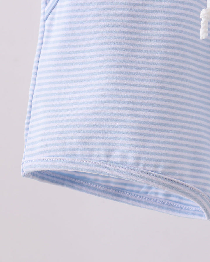 Blue-and-white striped shorts with stitched hem edge