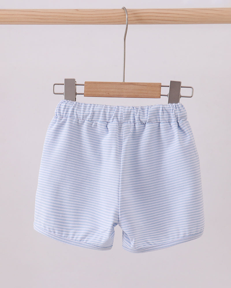 Blue-and-white striped shorts with elastic waistband