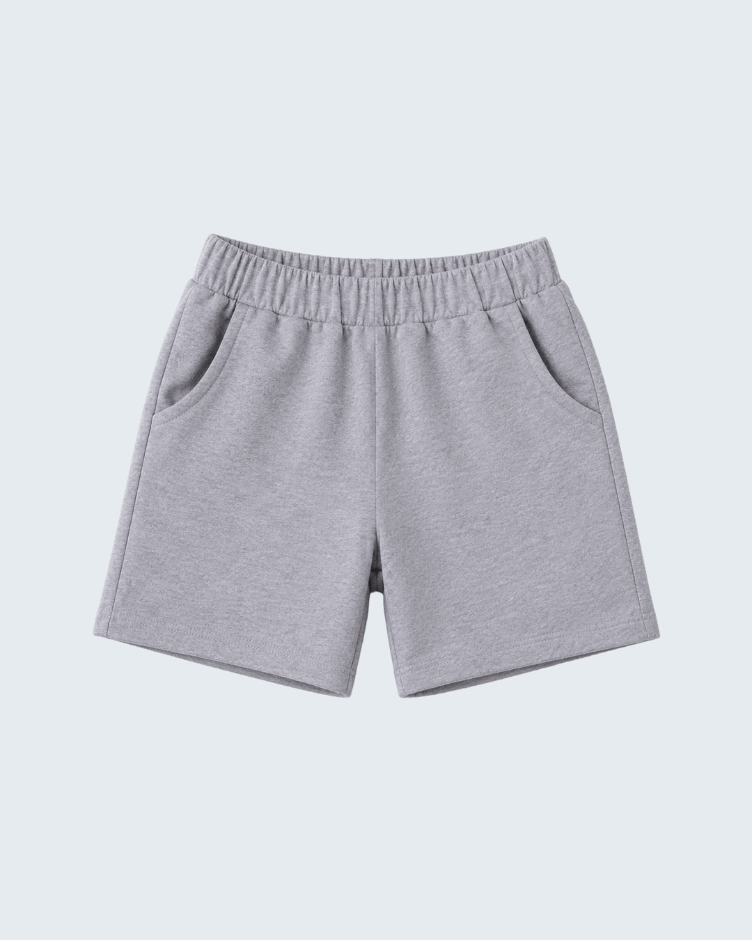 Grey lounge shorts with elastic waistband, relaxed fit, mid-thigh length