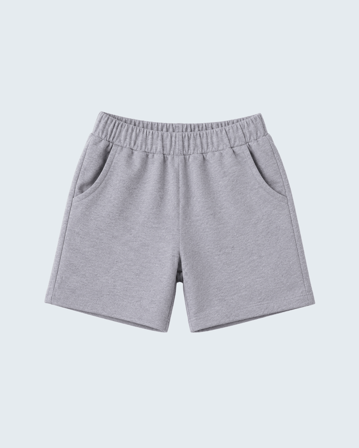 Grey lounge shorts with elastic waistband, relaxed fit, mid-thigh length
