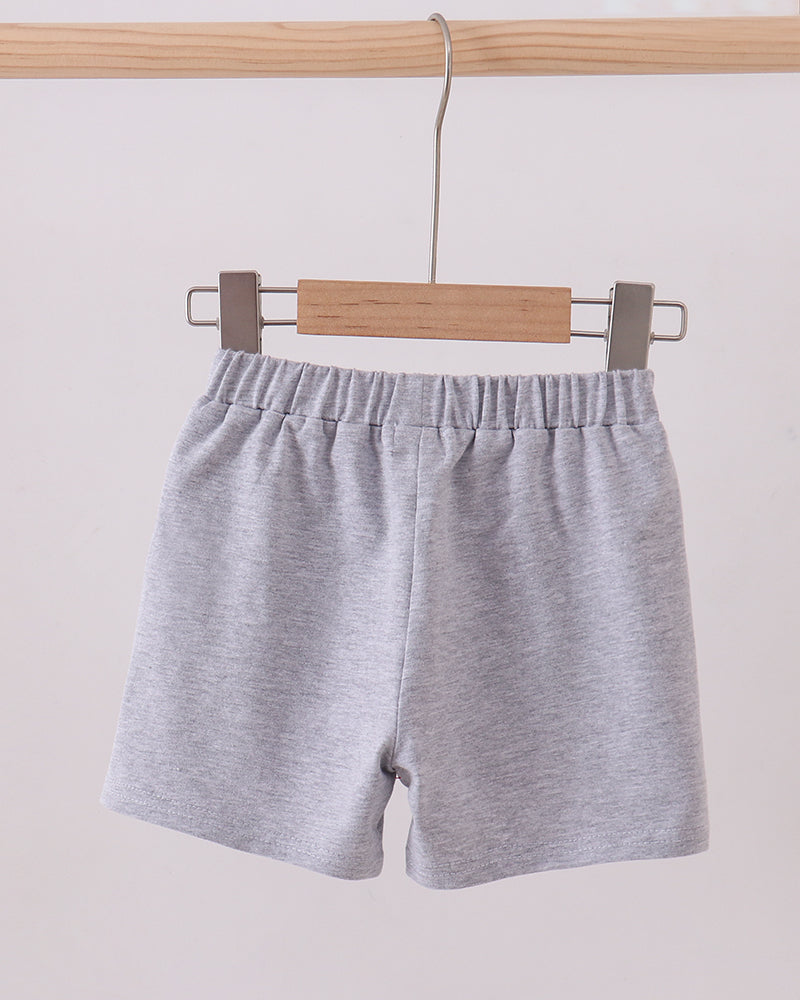 Grey elastic-waist shorts with simple front and relaxed straight legs