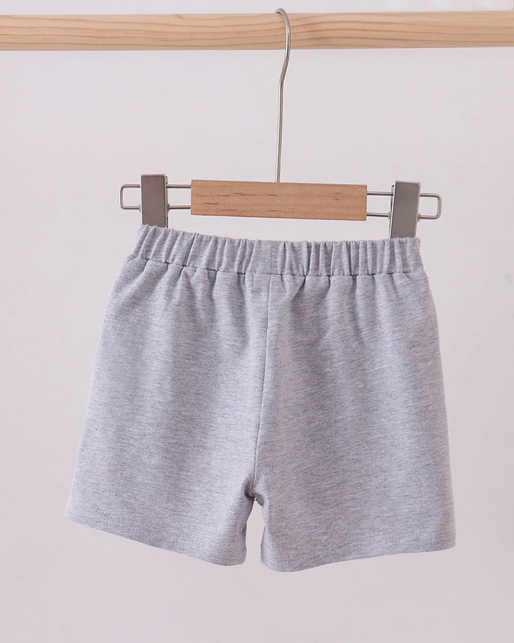 Grey elastic-waist shorts with simple front and relaxed straight legs