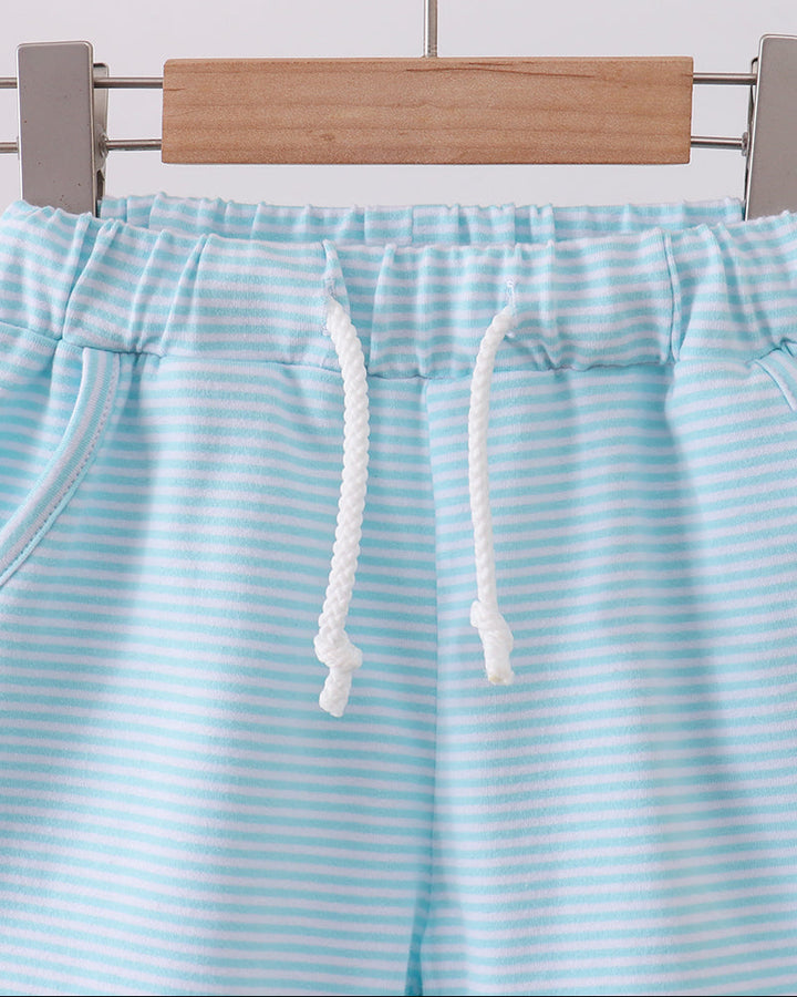 Mint blue and white striped drawstring shorts with elastic waistband
