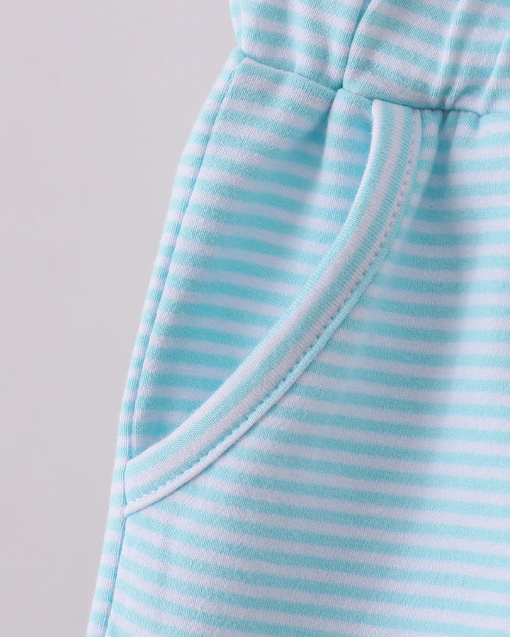 Mint blue striped drawstring shorts, side view with white trim