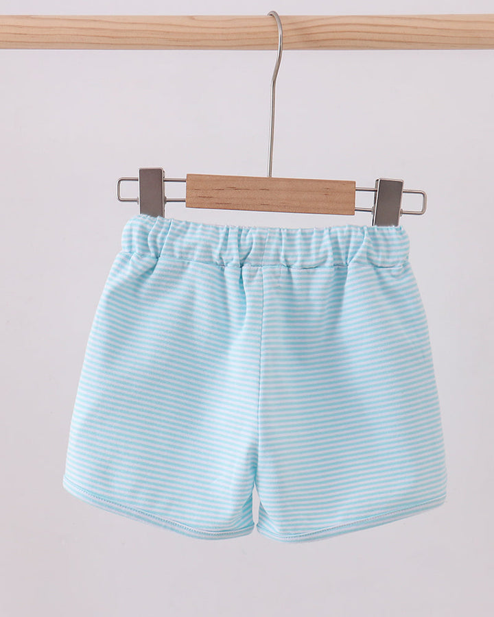 Mint blue striped drawstring shorts with gathered elastic waistband