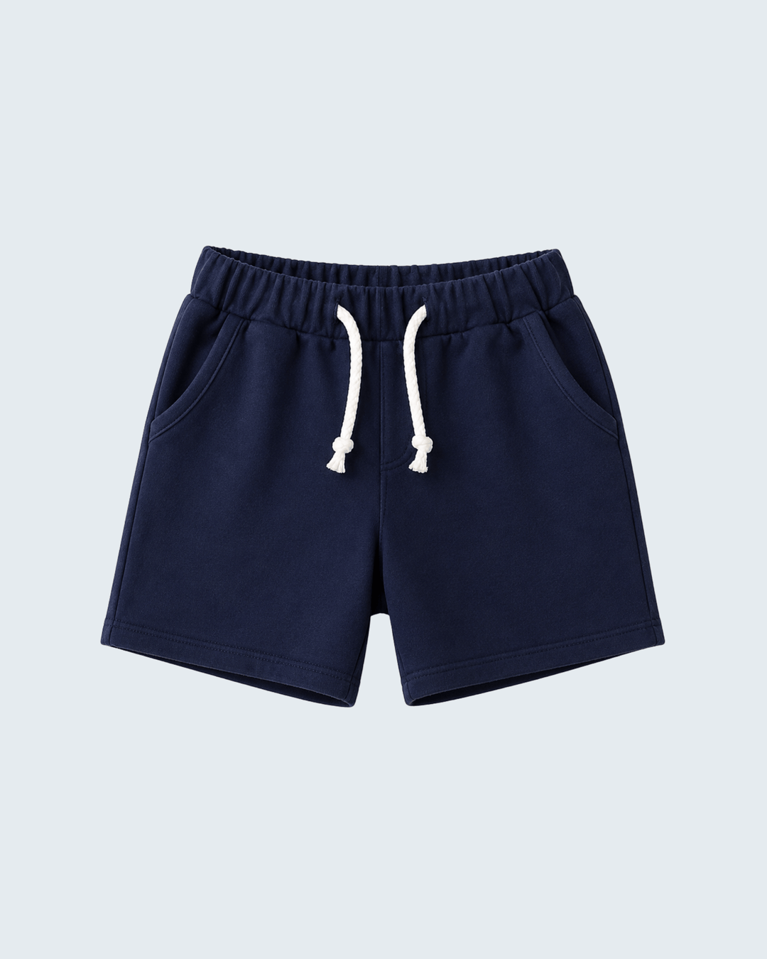 Navy drawstring shorts with elastic waistband and front tie