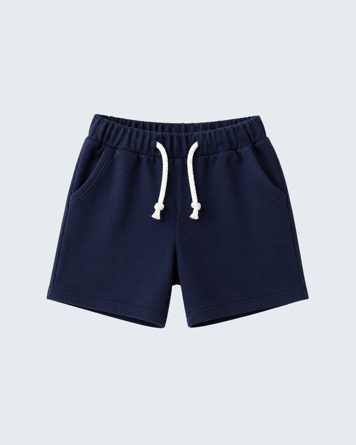 Navy drawstring shorts with elastic waistband and front tie