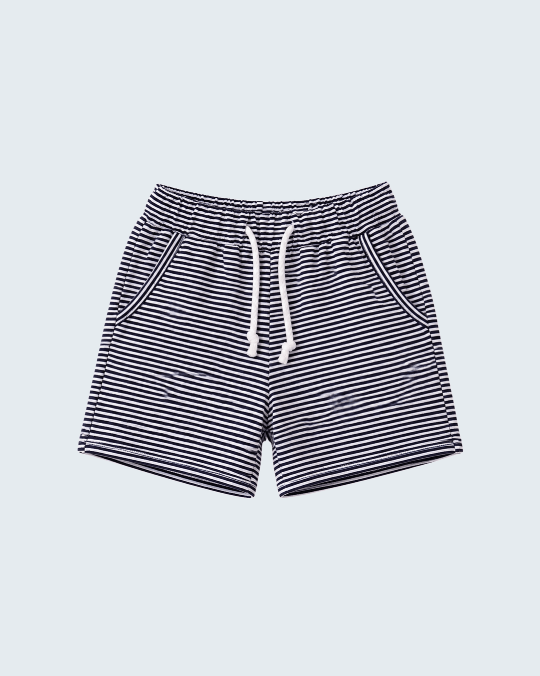 Navy and white striped drawstring shorts with elastic waistband and side pockets