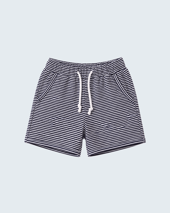 Navy and white striped drawstring shorts with elastic waistband and side pockets