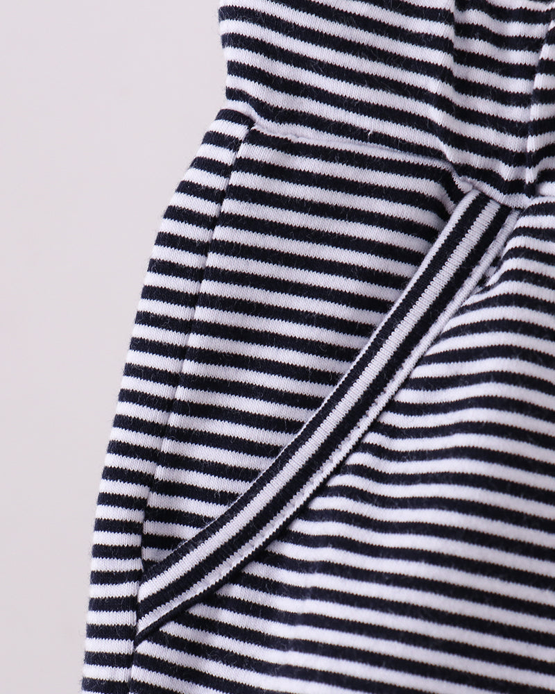 Navy and white striped shorts with diagonal side seam and stitched waistband