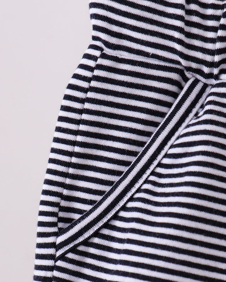 Navy and white striped shorts with diagonal side seam and stitched waistband