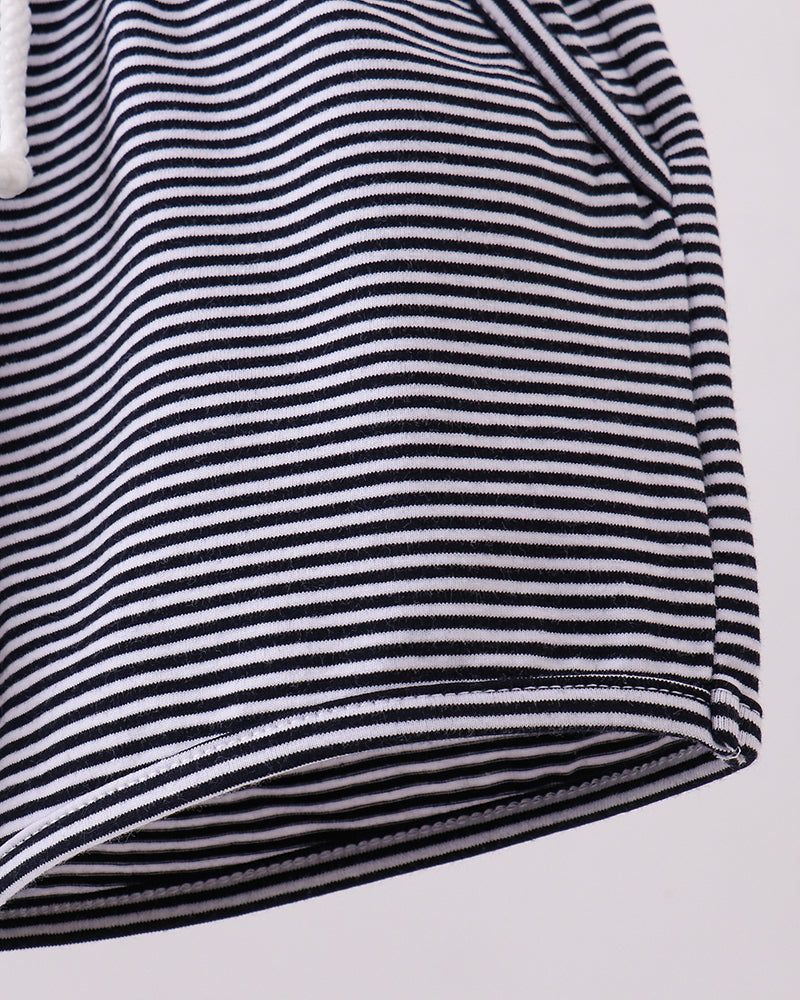 Navy and white striped shorts with double-stitched hem edge
