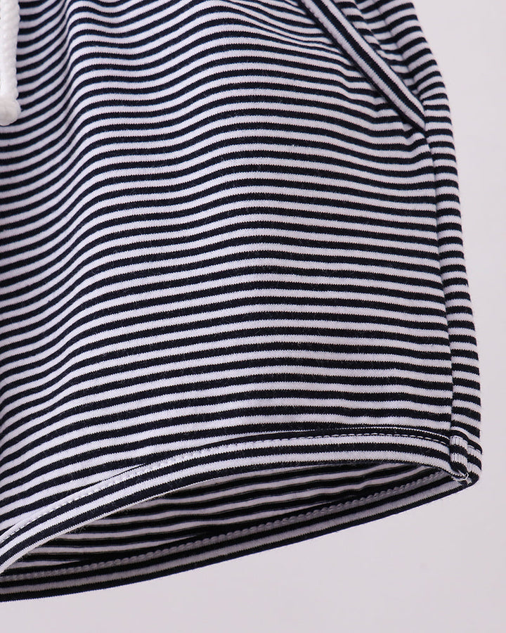 Navy and white striped shorts with double-stitched hem edge