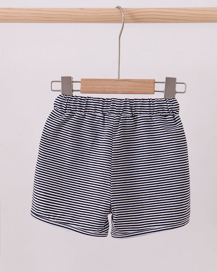 Navy and white striped drawstring shorts on hanger, elastic waistband