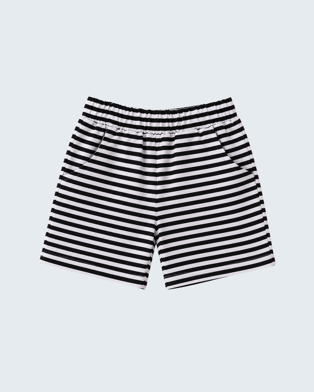 Striped shorts with dark navy-and-white horizontal stripes and elastic waistband