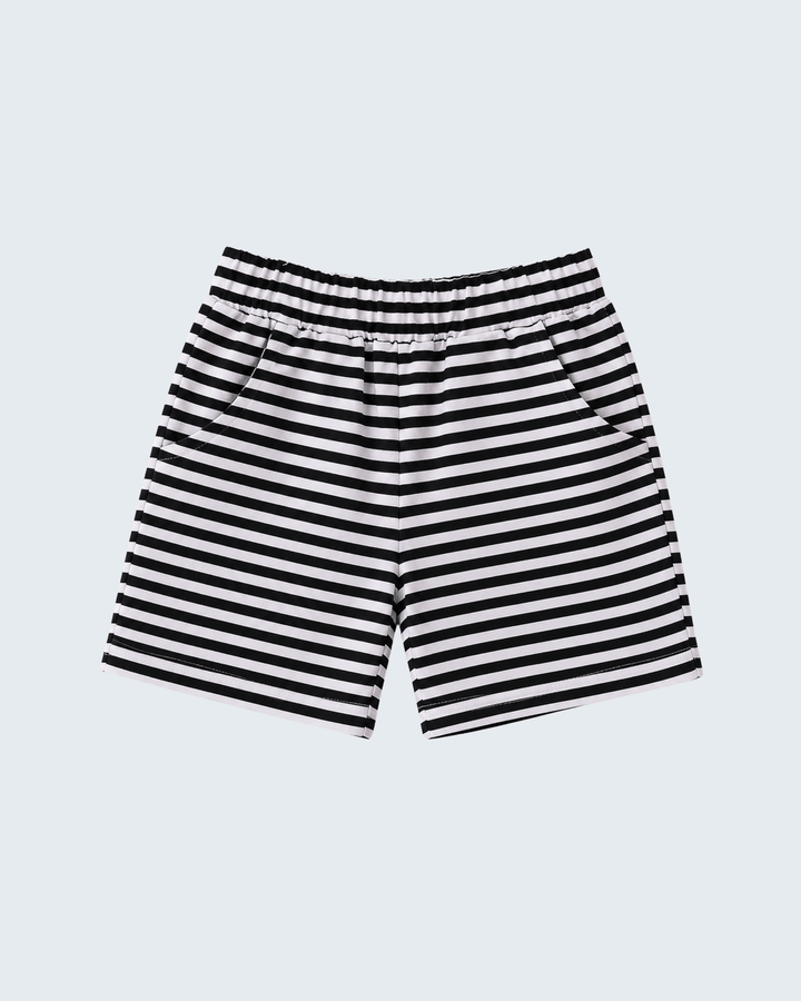 Striped shorts with dark navy-and-white horizontal stripes and elastic waistband