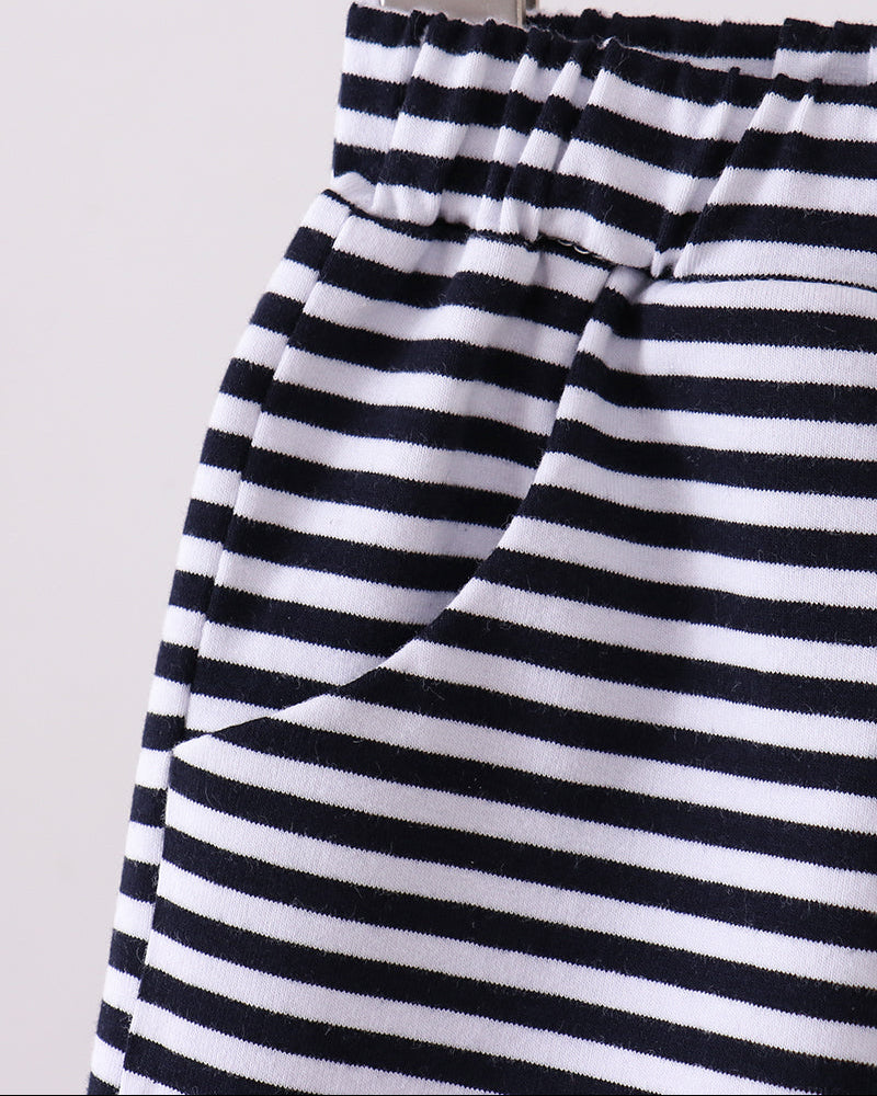 Navy and white striped shorts with elastic waistband