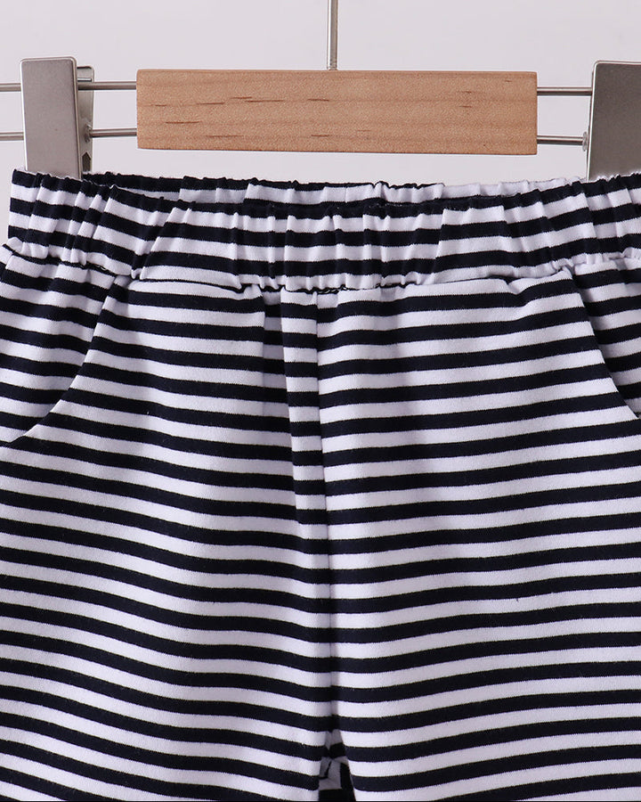 Navy and white striped shorts with elastic waistband, front view