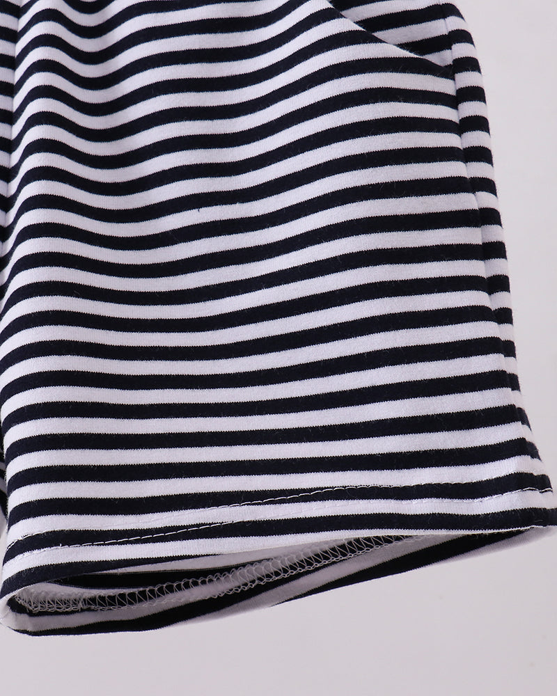 Navy and white striped shorts with stitched leg hem