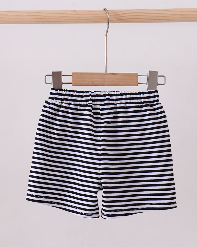 Navy and white striped shorts with elastic waistband, front view