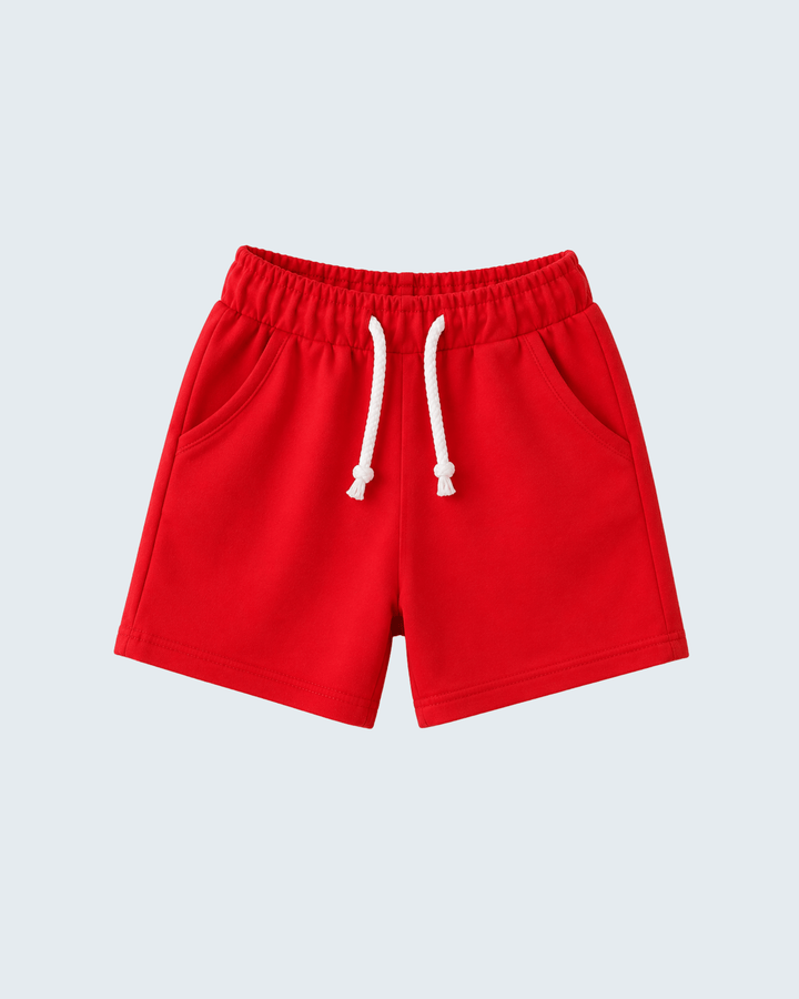 Red drawstring shorts with elastic waistband and white drawcord