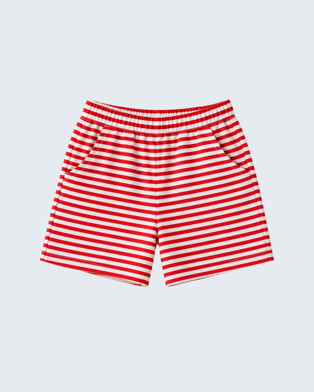 Red and white striped shorts with elastic waistband