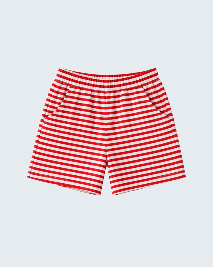 Red and white striped shorts with elastic waistband