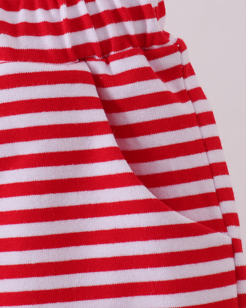 Red and white striped shorts with elastic waistband and gathered side seams
