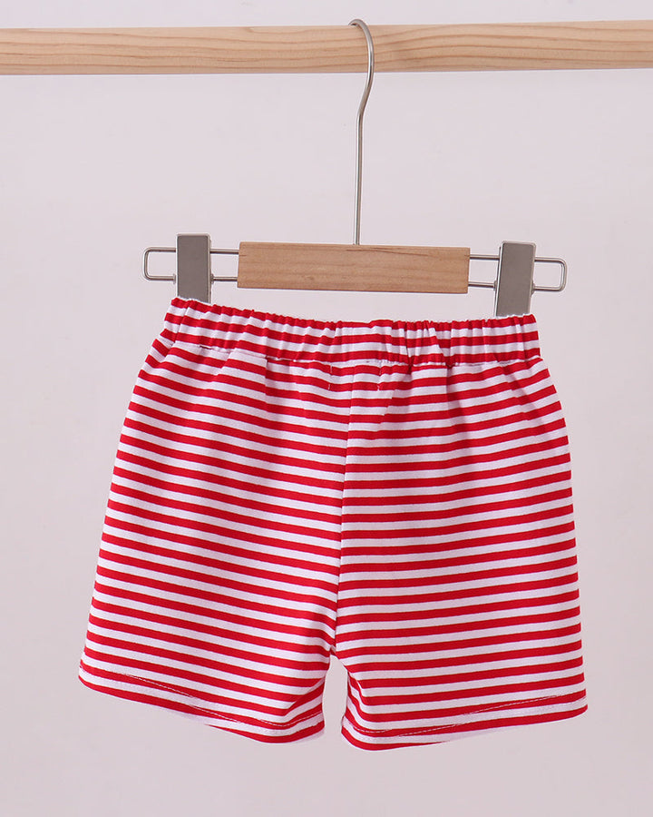Red and white striped shorts with elastic waistband and rounded hem, front view