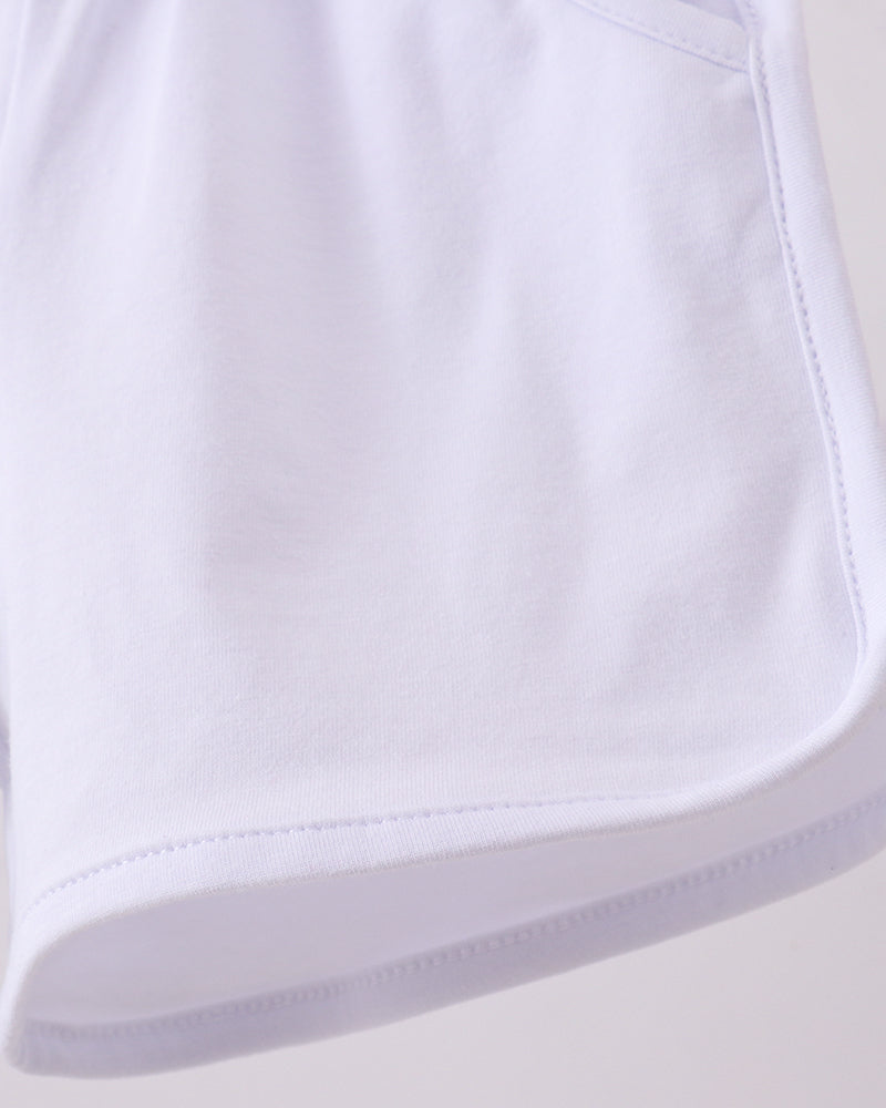 White shorts hem with curved pocket opening and double-stitch edge