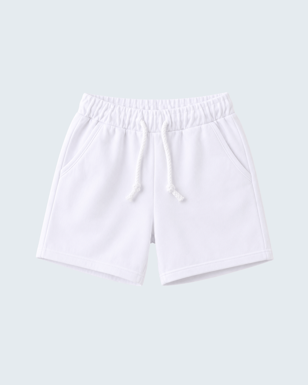 White drawstring shorts with elastic waist and side pockets