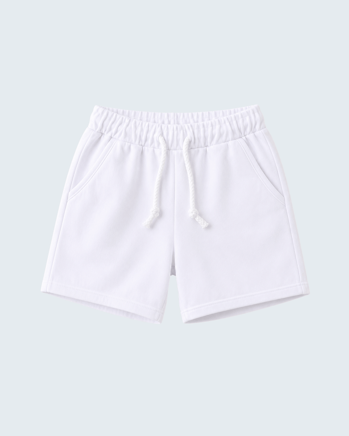 White drawstring shorts with elastic waist and side pockets