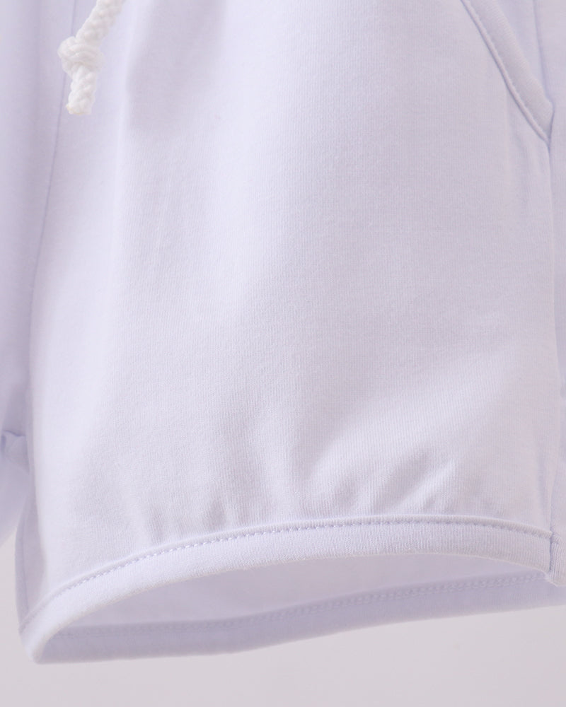 White drawstring shorts hem with side stitching and folded leg opening
