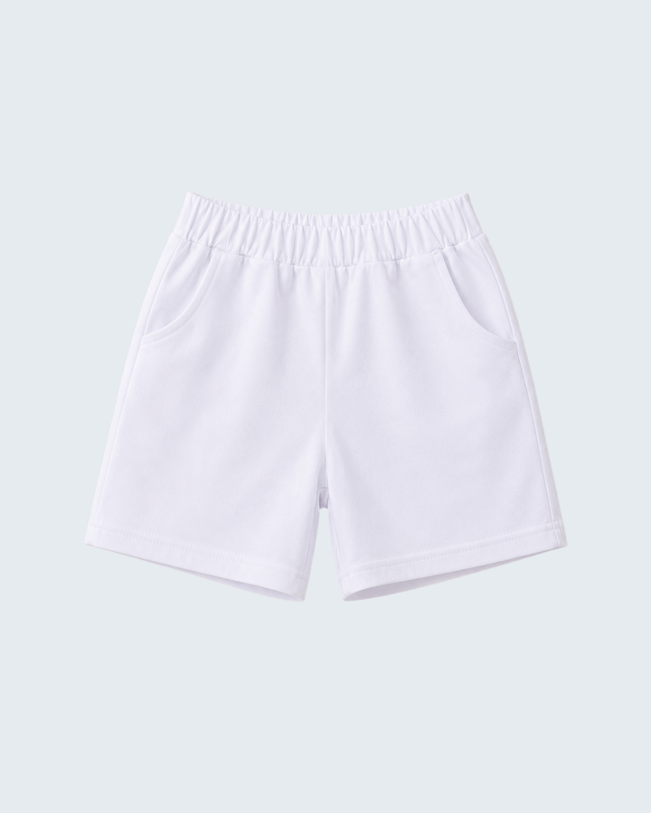 White fabric shorts with elastic waistband