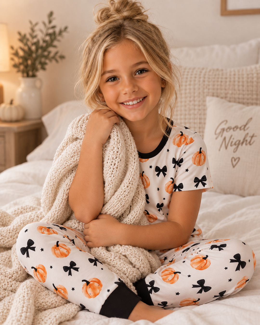 Kids bamboo pajama set worn: white short-sleeve top and pants with pumpkin and bow print