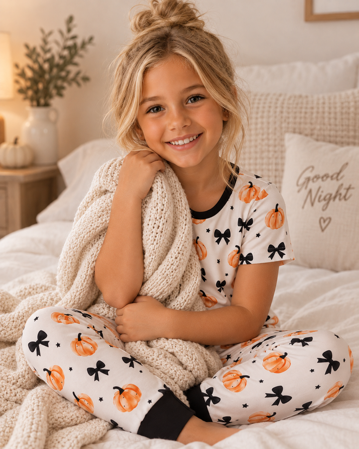 Kids bamboo pajama set worn: white short-sleeve top and pants with pumpkin and bow print